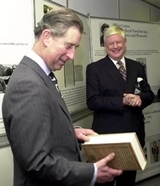 Trustee, Graham Stow, presents a book to HRH The Prince of Wales. (Courtesy of Paul Barker, Northern Light Photography)