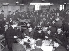 Briefing April 1944 before Ops on Juvisy, France. At bottom, clockwise from left - Kingsford-Smith, Webb, McLeod, Proctor, Fairburn, Rees, Kobelke, Hodge (Sqn Adjutant).