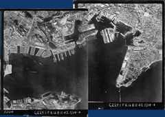Two aerial photographs are superimposed to show the French Fleet in Toulon Harbour, 8/11/42, before the ships were scuttled