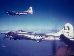 This photograph of B-17s shows the 486th Bomb Group identification letter on the tail of the aircraft