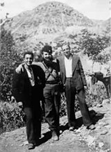 Summer 1944. Manuel, Constaninides, Lt. G.A.W. Heppel (HQ Force133) at Golista, North Greece in borrowed civilian clothes due to the fact that he was going to 'recce' a small German plane on an airstrip outside Jannina.