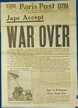 Newspaper announcing the end of the war with the famous photograph of U.S. marines hoisting the Stars and Stripes at Iwo Jima.