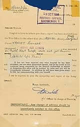The official notification of Len's injury, 8 October 1944.