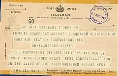 Telegram from officers and men of No. 1 Wing Glider Pilot Regiment congratulating Len on his award of the Distinguished Flying Medal.