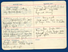 A page from Colin Craston's diary including an entry for  Thursday 11 March 1943, detailing the discovery of a wreck and four survivors.