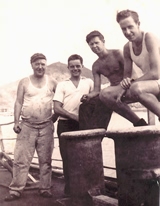 Aden Harbour L to R Tom Mooney, Donkeyman; Fred Mitchell, 4th Eng; Jim Baxter, 5th Eng; Hamor Gardner, Sr R/O