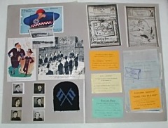 Patricia Potton's Scrap Book:
Left - top to bottom, left to right:  Postcard fom Dunoon with pull-out pictures of Dunoon, "What about another for the road, Mater?&quot, "Dinner to-night will consist of salt pork, hard tack and slightly brackish water", 6 photographs  OS (Officer's Steward), badge. Right - top to bottom, left to right:  2 x 1944 Christmas cards, Three dance invitation cards, 1944 Christmas air letter (card stuck on: invitation to musical revue in Dunoon) - opened in image below