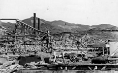 Bomb damage in Nagasaki: Detail showing "The corner of the Mitsubishi Aircraft Factory."
