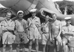 From left to right: Lt E. Baxter RNZN, LAM (E) George Jarvis, Lofty Foster AMO, A. Waller RM, P.O. Eric Such, Derrick Watson. Lt Baxter was beheaded by the Japanese at Changi Jail after he crashed during a raid on Palembang Oil Refinery.