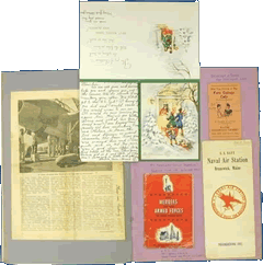 Pages from Eric's scrap book: LHS: "An Avenger dive-bomber being bombed up on the flight deck of a British carrier" and written at the side "Things are looking UP!!!"; RHS: top left: Christmas card captioned "MY AMERICAN FAMILY (ADOPTED ME) BRUNSWICK-MAINE-USA. THE "HOWARD" FAMILY", top right: "Meet your Friends at the Fern cottage Cafe", "King Street, Gananoque, Ontario" Captioned "ESCORT DUTY IN CANADA FROM LONG ISLAND U.S.A.", bottom left: Information about the Public Telephone Centre for the Armed Forces in New York bottom right: Thanksgiving menu 1943