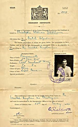 An Emergency Certificate from Ceylon permitting Chris to return to the UK after the sinking of the City of Adelaide