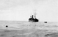 City of Athens, my lifeboat still alongside portside under wing of Bridge. We sighted U-boat periscope ahead of ship. The Third Mate had a camera to record the sinking.
