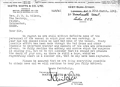 Letter to David's parents advising he was still classed as missing.
