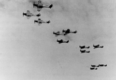 A Hurricane Squadron (No 87) battle climbs in 1940.
