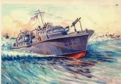 A copy of Don Cameron's painting of Coles' MTB. Don Cameron (Lieut RNR) was awarded the Victoria Cross for his part in the midget submarine raid on the Tirpitz in Norway.