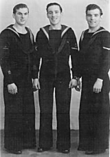 Leading Seaman LTC Laurie Conlon with a Geordie shipmate either side. Photo taken while serving on HMS Anguilla 1944/45