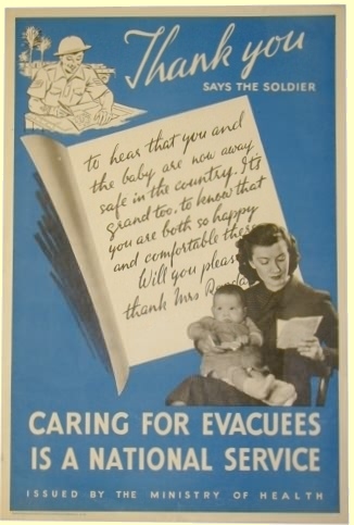 Thank you says the soldier - "to hear that you and the baby are now away safe in the country. It's grand too, to know that you are both so happy and comfortable there. Will you please thank Mrs ... " Caring for evacuees is a national service. Issued by the Ministry of Health.