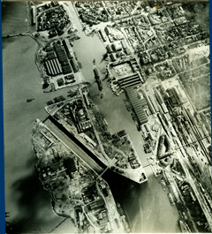 Another aerial view of the dock at St Nazaire.  Campbeltown's target, the Normandie Dock can be seen to the left-hand side.  The Old Mole is the jetty visible in the bottom left-hand corner. [R. Macleod]