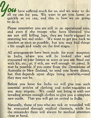 Leaflet from HQ Allied Land Forces S E Asia to FEPOWs (S Burrow)