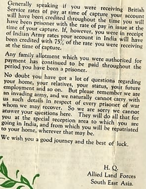 Leaflet from HQ Allied Land Forces S E Asia to FEPOWs (S Burrow)