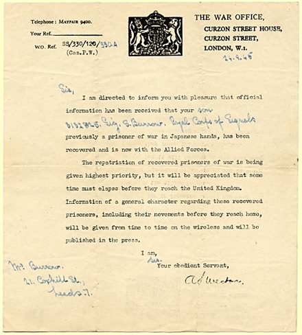 Letter from War Office to the family of Sydney Burrow advising them of his safety
