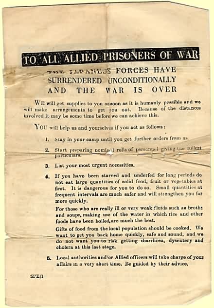 Leaflet to all POWs giving advice on behaviour following Japan's capitulation (S Burrow)