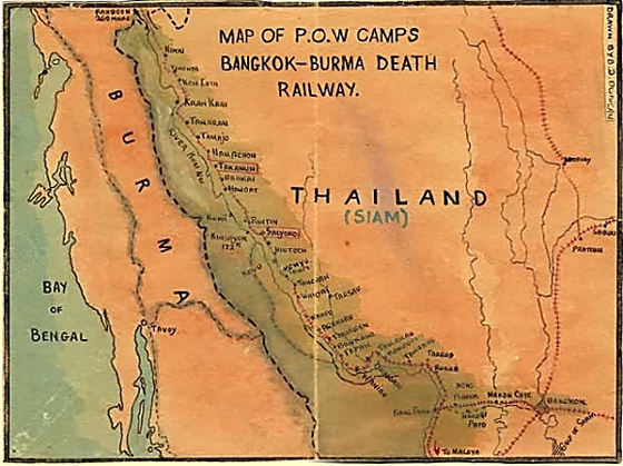 Map of the Thai-Burma Railroad from the papers of W Duncan