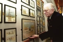 Fred Seiker at the National Memorial Arboretum, Staffs, with his 
              water colour collection 'Lest We Forget' which is on permanent display 
              (November 2001)
